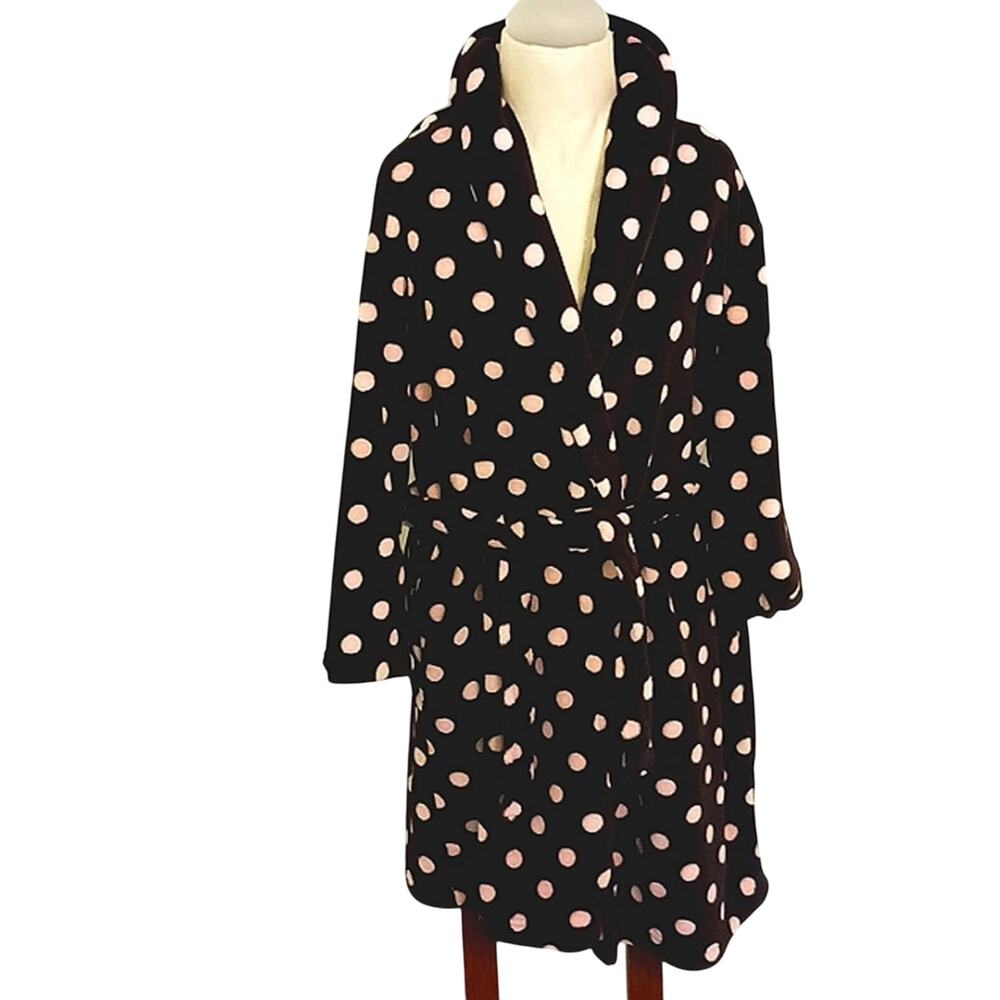 Charter Club Plush Robe Sz M Brown Pink Polka Dots Luxe Barbiecore Warm Fluffy